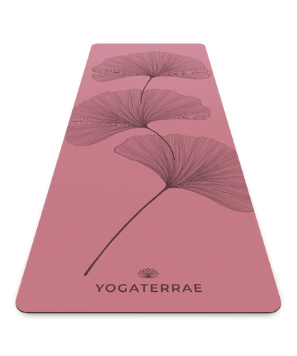 Tapis de yoga antidérapant Yogaterrae en PU et caoutchouc naturel, coloris Bordeaux Vintage avec motifs Ginkgo Biloba en impression sombre (Dark)