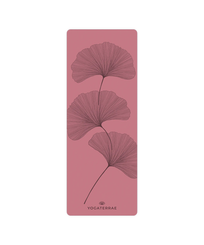 Design YinYang et feuilles de Ginkgo contrastées sur tapis de yoga Bordeaux Vintage Yogaterrae, surface technique en polyuréthane