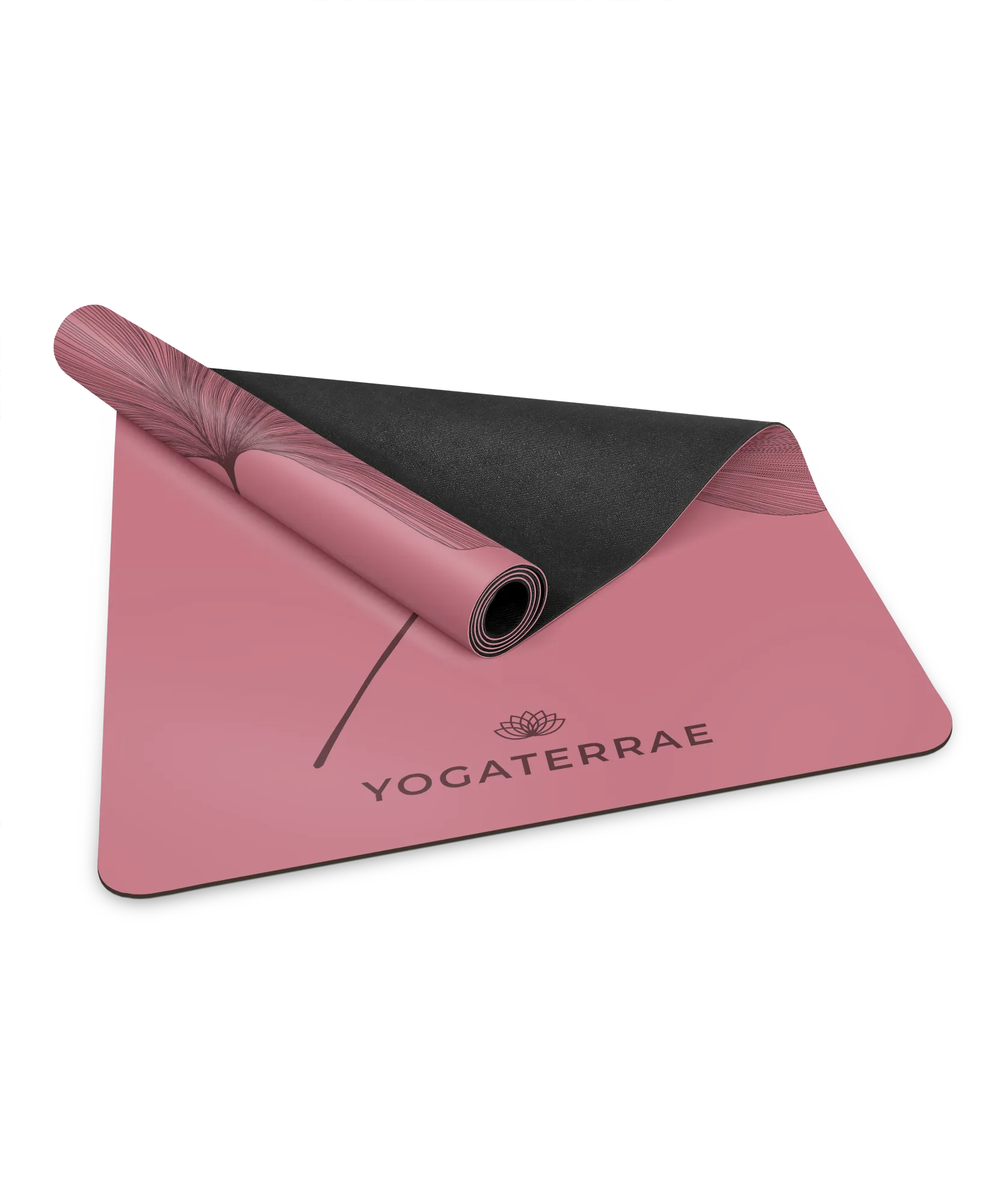 Zoom sur la bi-matière premium : revêtement PU Bordeaux Vintage et base haute densité en caoutchouc naturel noir d'un tapis Yogaterrae