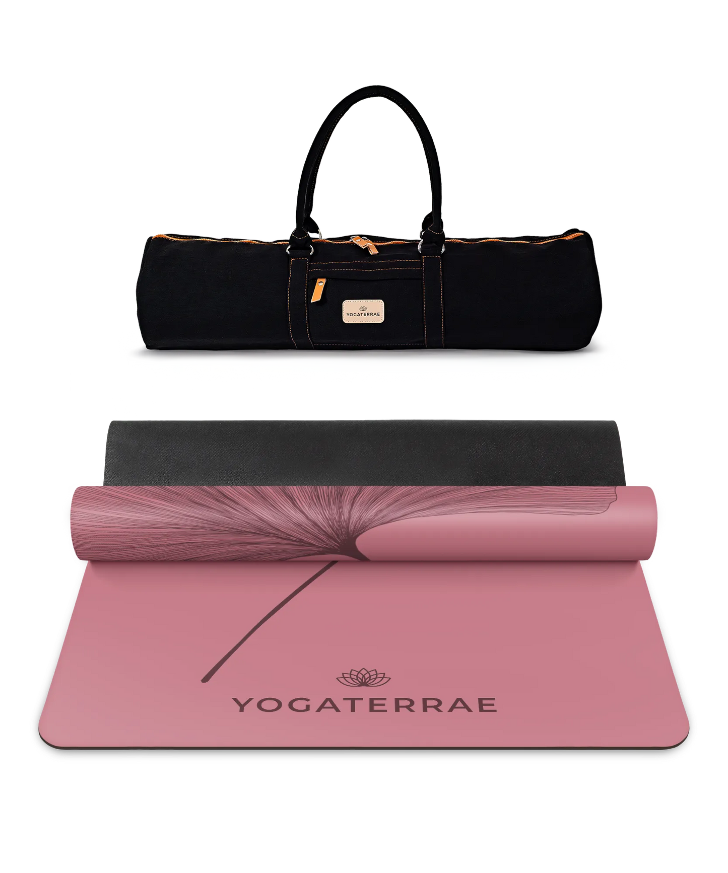 Pack de yoga haute performance incluant le tapis PU Bordeaux Vintage (impression Dark) et son sac de transport noir Yogaterrae