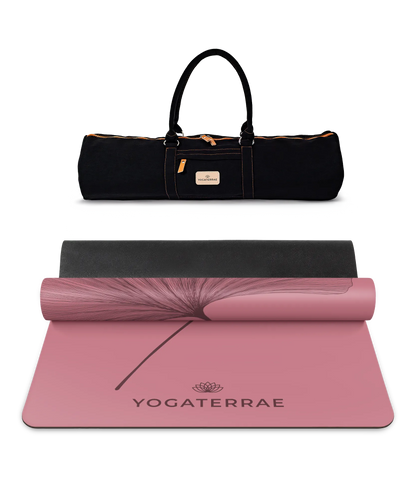 Pack de yoga haute performance incluant le tapis PU Bordeaux Vintage (impression Dark) et son sac de transport noir Yogaterrae