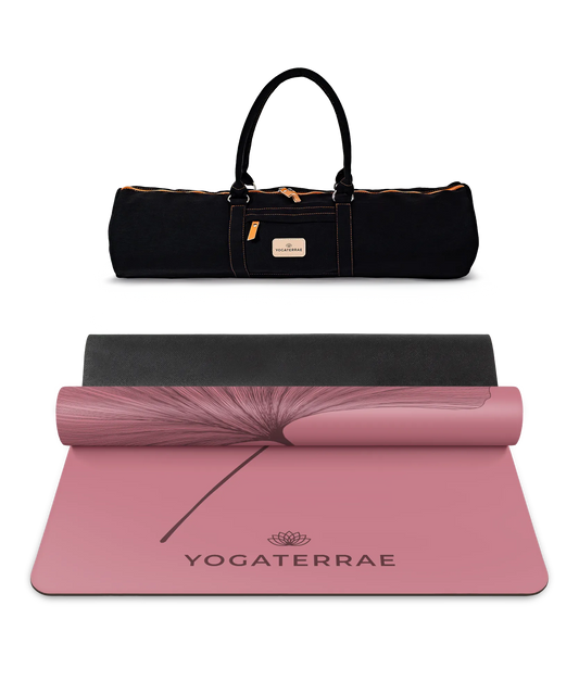 Pack de yoga haute performance incluant le tapis PU Bordeaux Vintage (impression Dark) et son sac de transport noir Yogaterrae