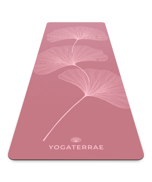 Tapis de yoga antidérapant Yogaterrae en PU et caoutchouc naturel, coloris Bordeaux Vintage avec motifs Ginkgo Biloba en impression claire