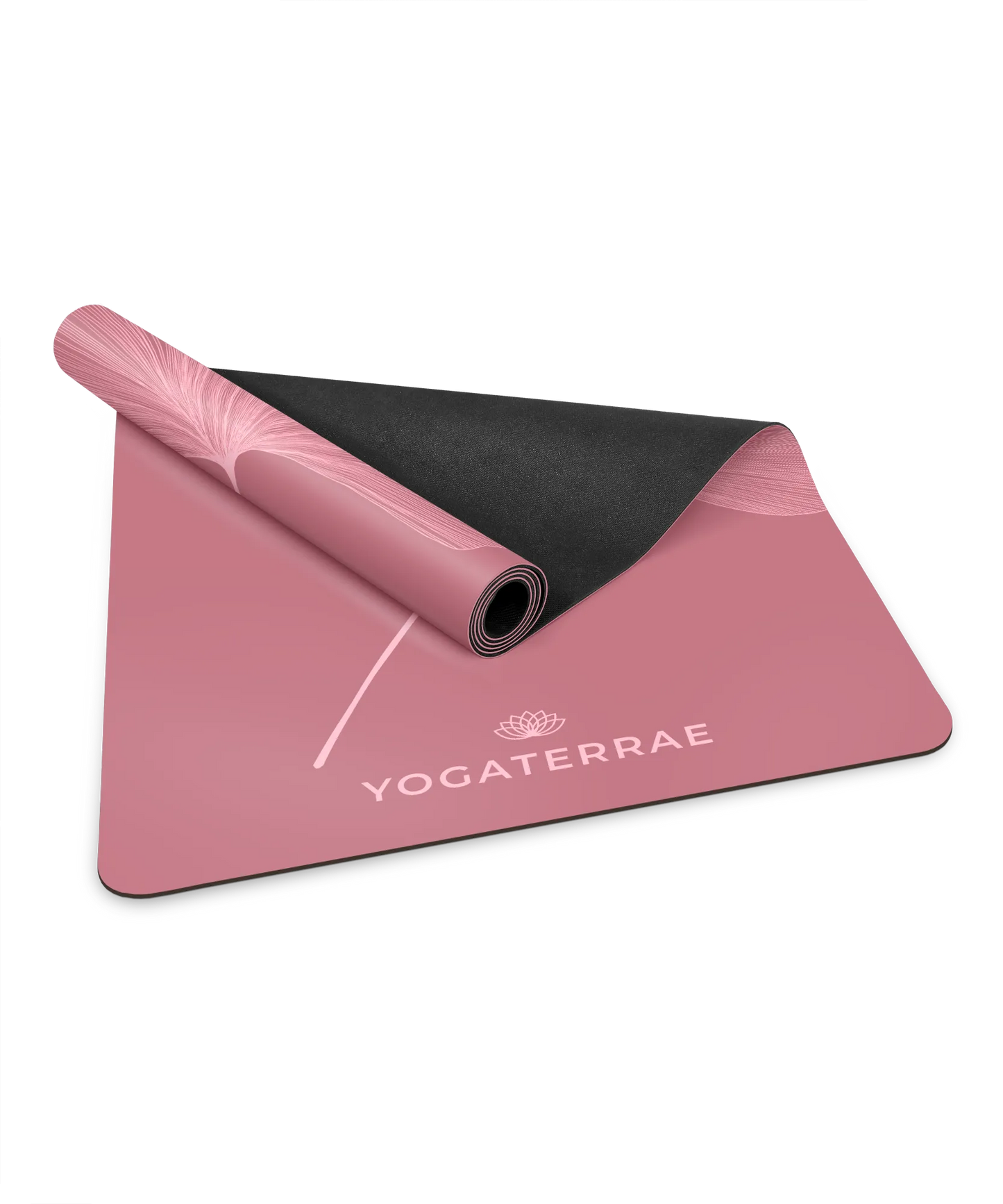 Zoom sur la bi-matière premium : revêtement PU Bordeaux Vintage et base haute densité en caoutchouc naturel noir d'un tapis Yogaterrae