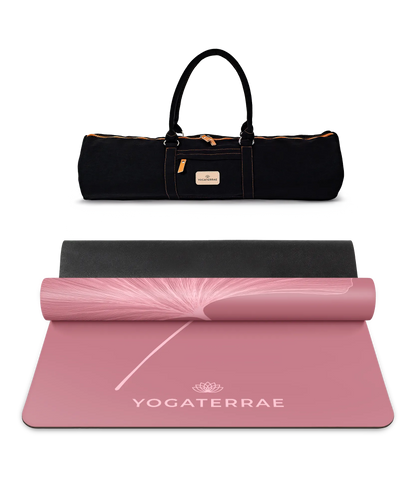 Pack de yoga complet incluant le tapis PU Bordeaux Vintage (impression Light) et son sac de transport noir Yogaterrae