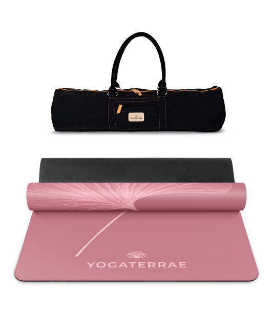 Pack de yoga complet incluant le tapis PU Bordeaux Vintage (impression Light) et son sac de transport noir Yogaterrae