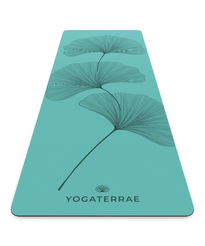 TIEFMINZGRÜNE GINKGOS-YOGAMATTE AUS PU-NATURKAUTSCHUK MIT TASCHE 