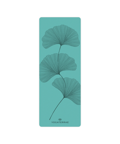 TIEFMINZGRÜNE GINKGOS-YOGAMATTE AUS PU-NATURKAUTSCHUK MIT TASCHE 