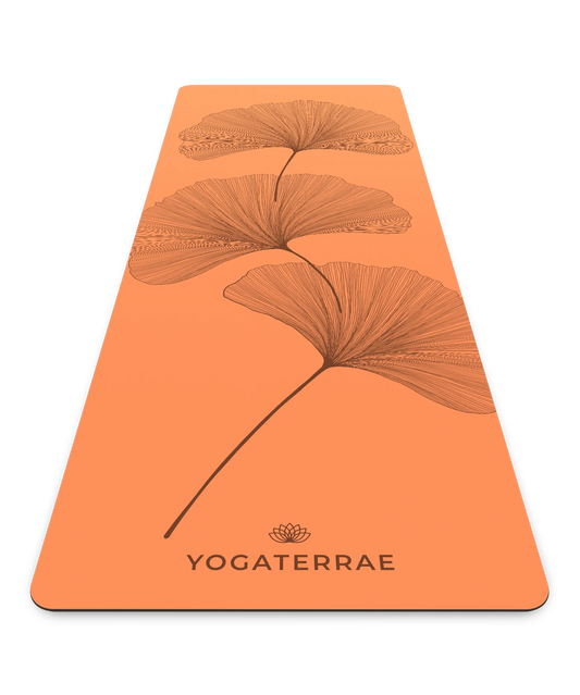 Tapis de yoga antidérapant Yogaterrae en PU et caoutchouc naturel, coloris Sunset avec motifs Ginkgo Biloba en impression sombre (Dark)