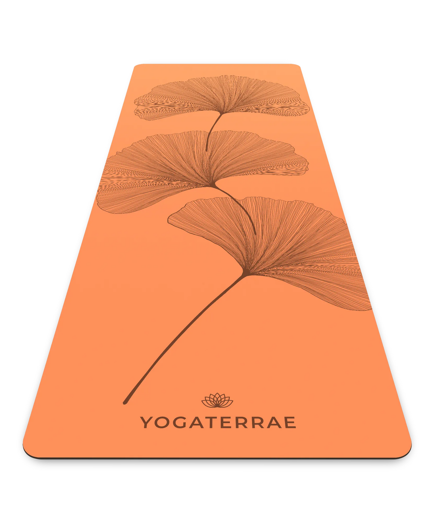 Tapis de yoga antidérapant Yogaterrae en PU et caoutchouc naturel, coloris Sunset avec motifs Ginkgo Biloba en impression sombre (Dark)