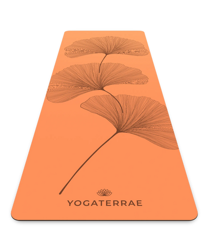 Tapis de yoga antidérapant Yogaterrae en PU et caoutchouc naturel, coloris Sunset avec motifs Ginkgo Biloba en impression sombre (Dark)