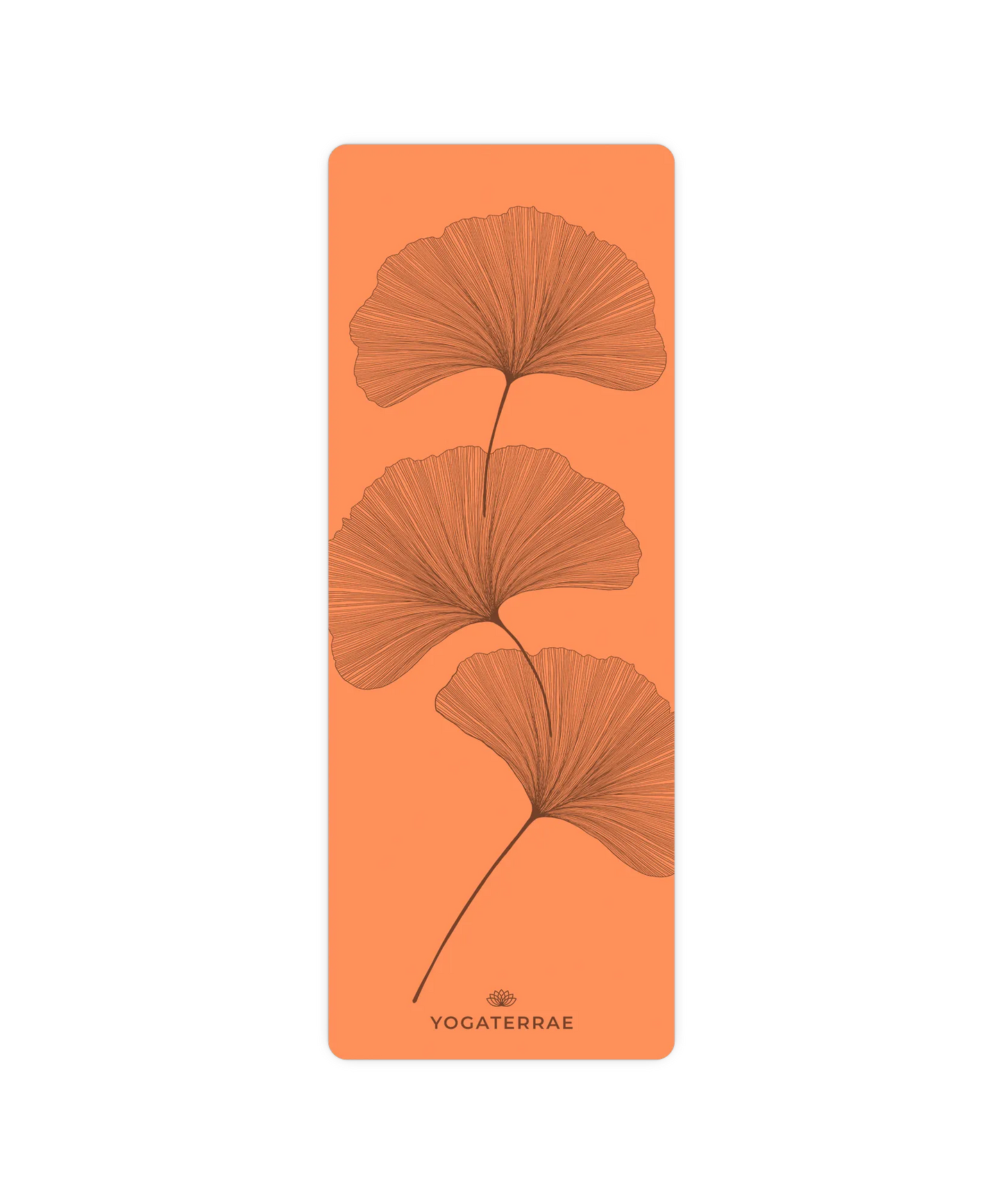 Design YinYang et feuilles de Ginkgo contrastées sur tapis de yoga Sunset Yogaterrae, revêtement polyuréthane et base caoutchouc naturel