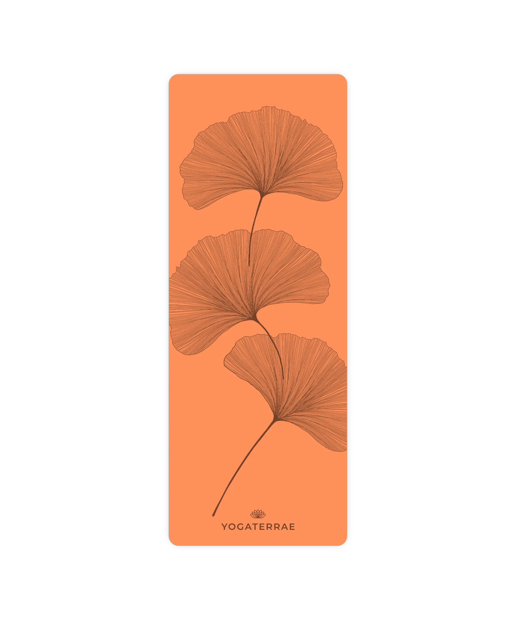Design YinYang et feuilles de Ginkgo contrastées sur tapis de yoga Sunset Yogaterrae, revêtement polyuréthane et base caoutchouc naturel