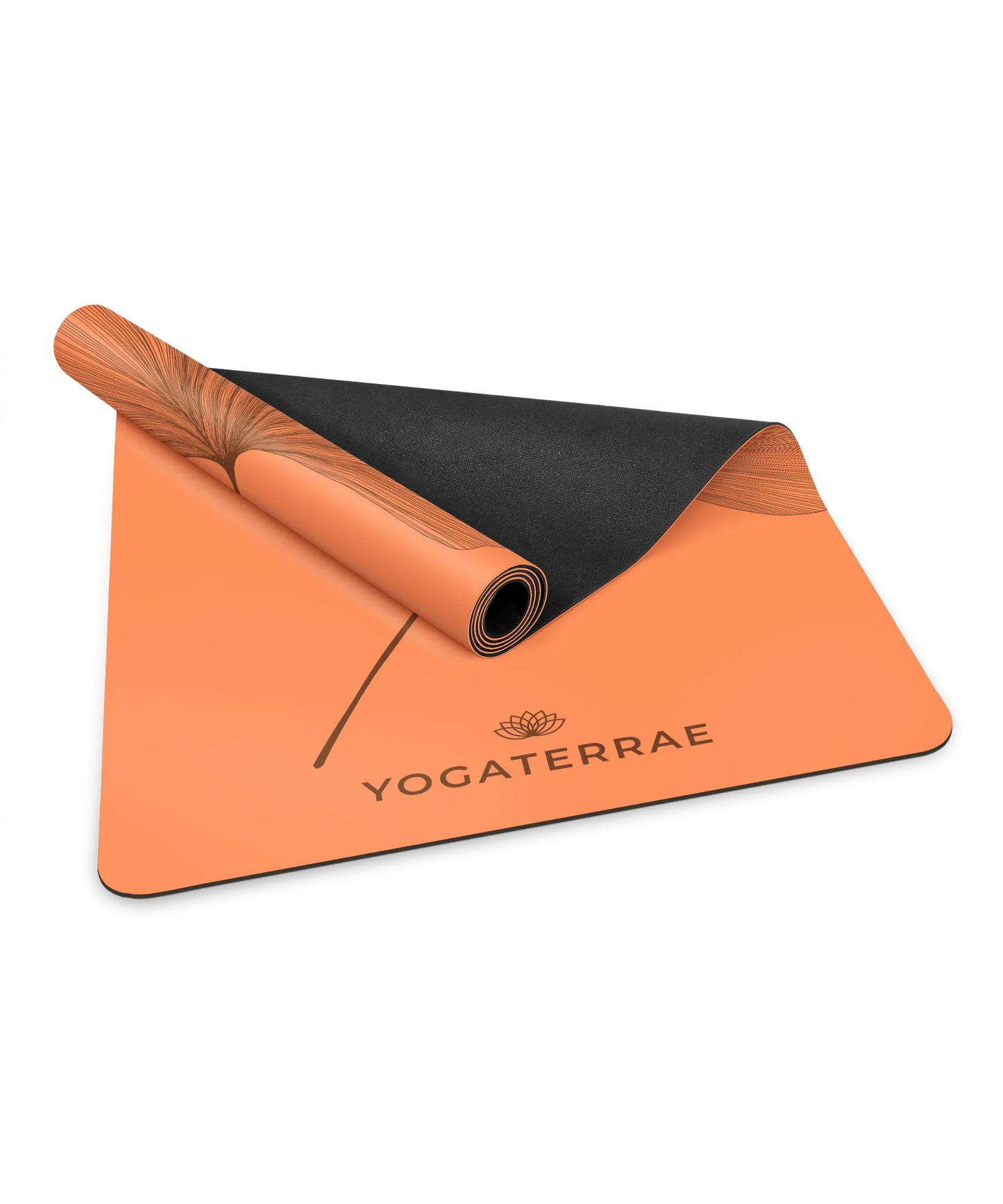 Zoom sur la finition premium d'un tapis Yogaterrae : surface PU coloris Sunset et base technique amortissante en caoutchouc naturel noir