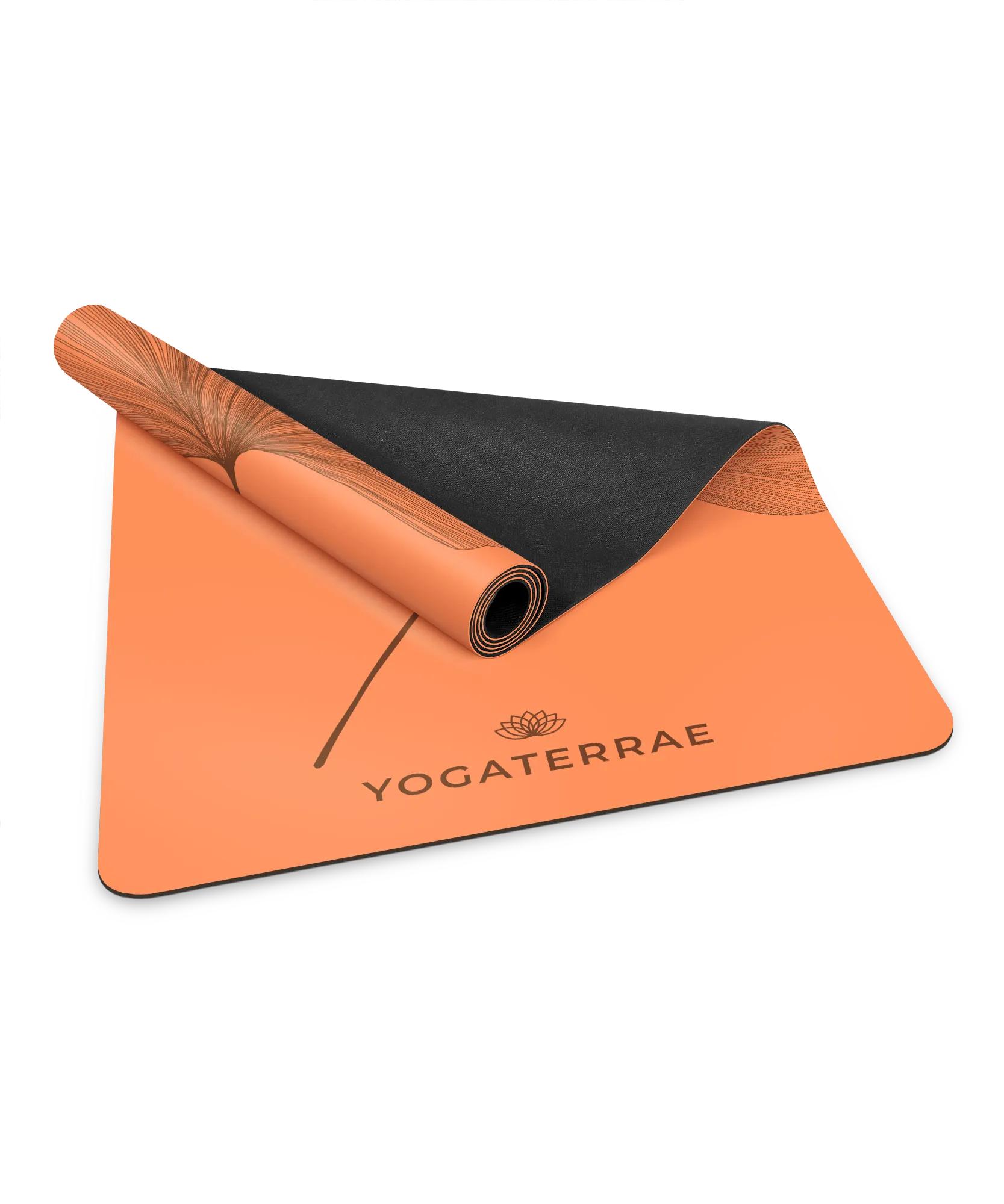 Zoom sur la finition premium d'un tapis Yogaterrae : surface PU coloris Sunset et base technique amortissante en caoutchouc naturel noir