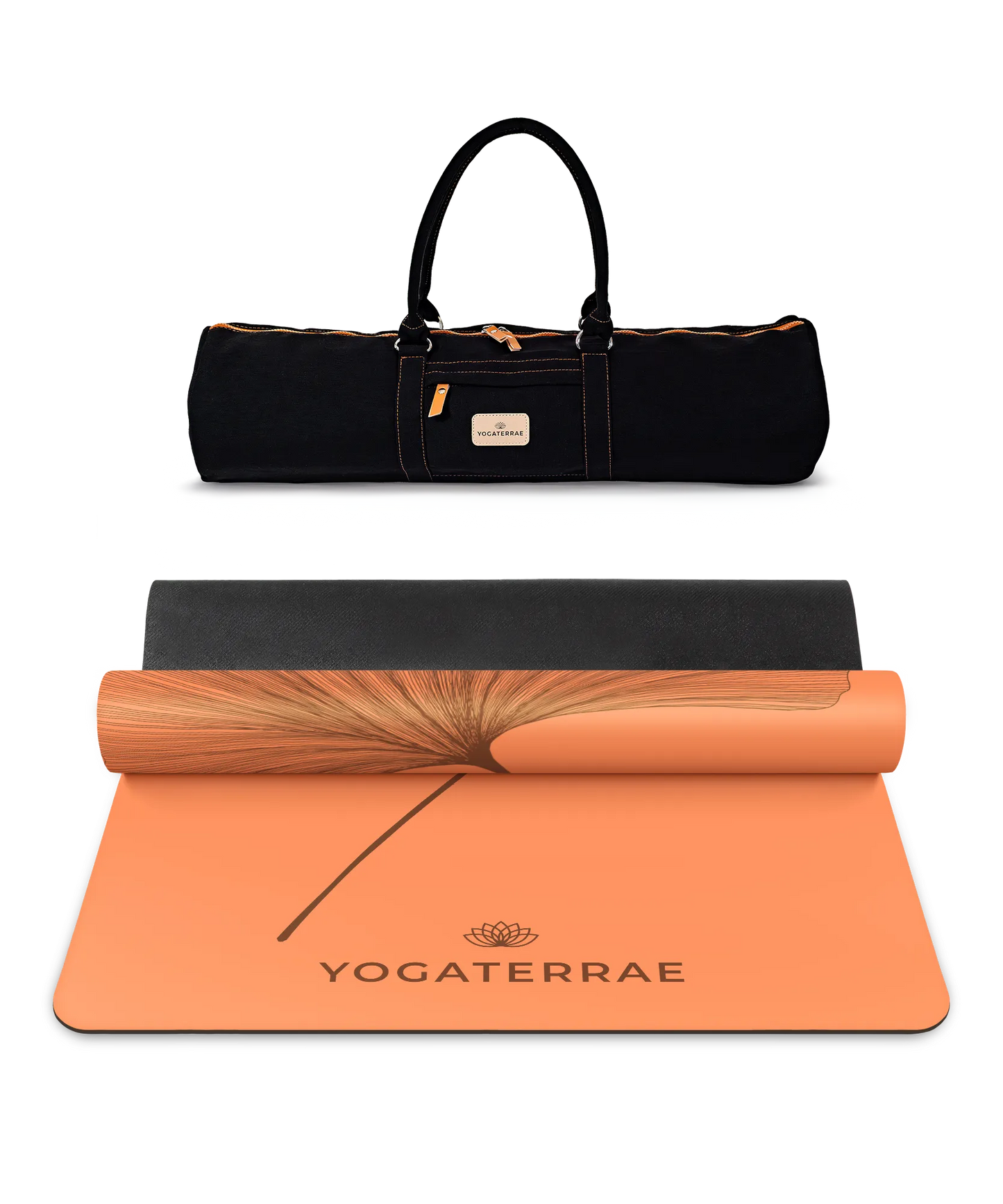 Ensemble de yoga incluant le tapis PU Sunset (impression Dark) et son sac de transport noir haute résistance Yogaterrae