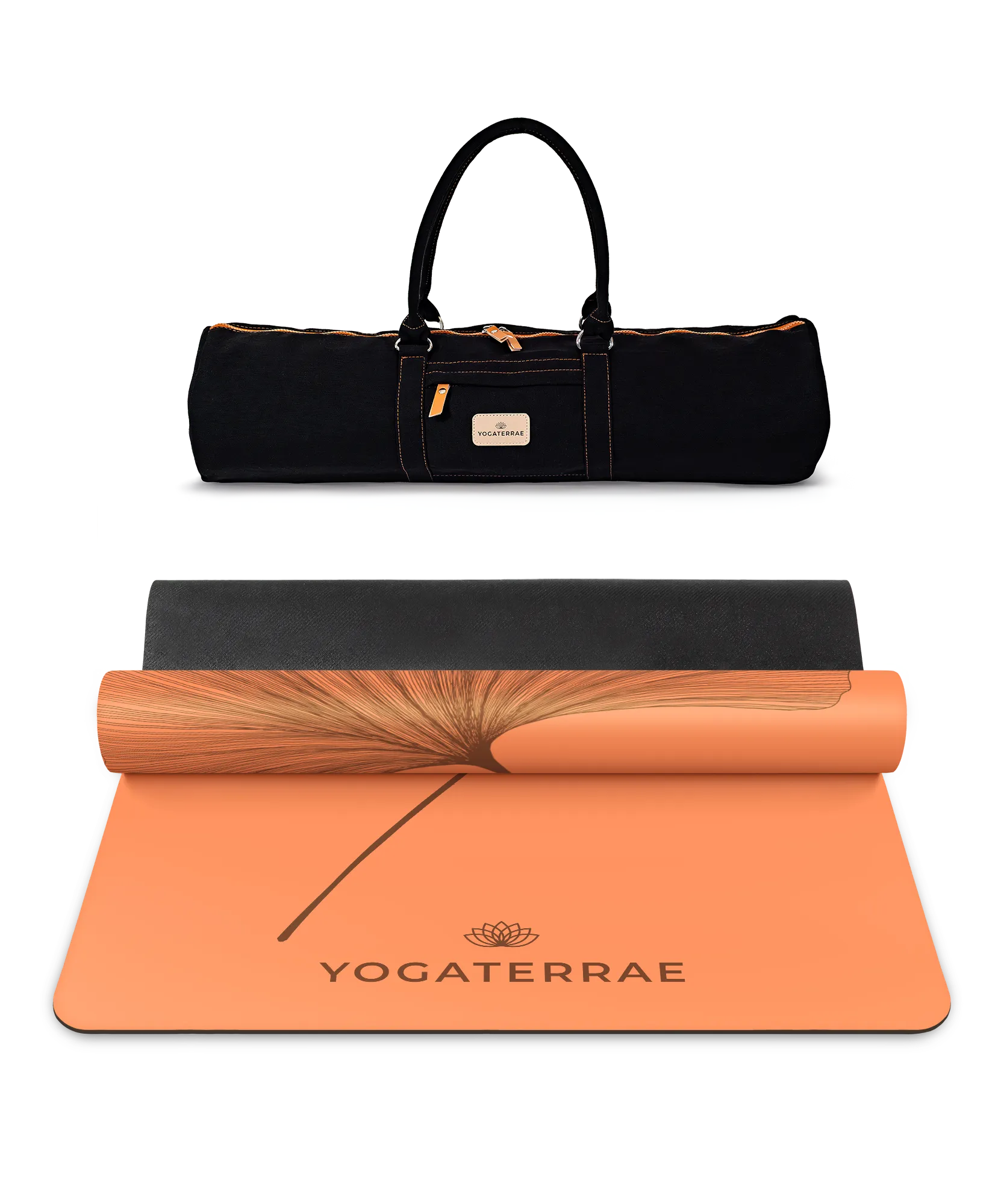 Ensemble de yoga incluant le tapis PU Sunset (impression Dark) et son sac de transport noir haute résistance Yogaterrae