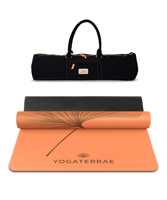 Ensemble de yoga incluant le tapis PU Sunset (impression Dark) et son sac de transport noir haute résistance Yogaterrae