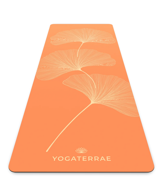 Tapis de yoga haute performance Yogaterrae en PU et caoutchouc naturel, coloris Sunset avec motifs Ginkgo Biloba en impression claire