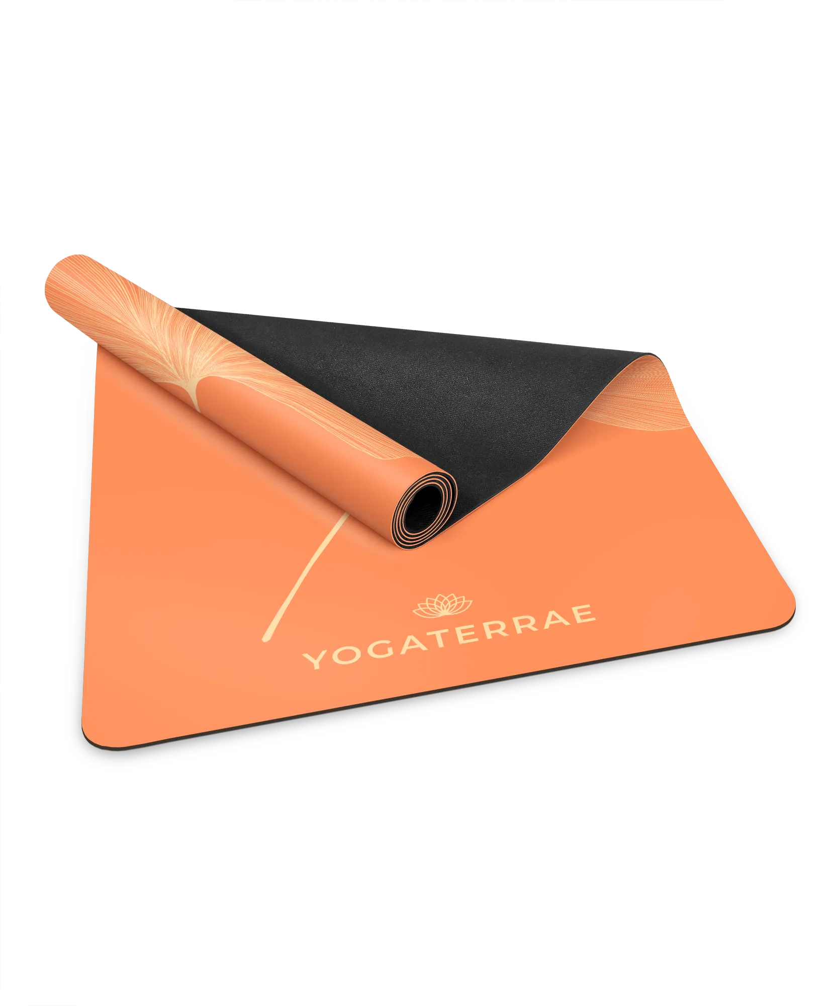 Zoom sur la bi-matière du tapis Yogaterrae : revêtement PU coloris Sunset et base amortissante en caoutchouc naturel noir