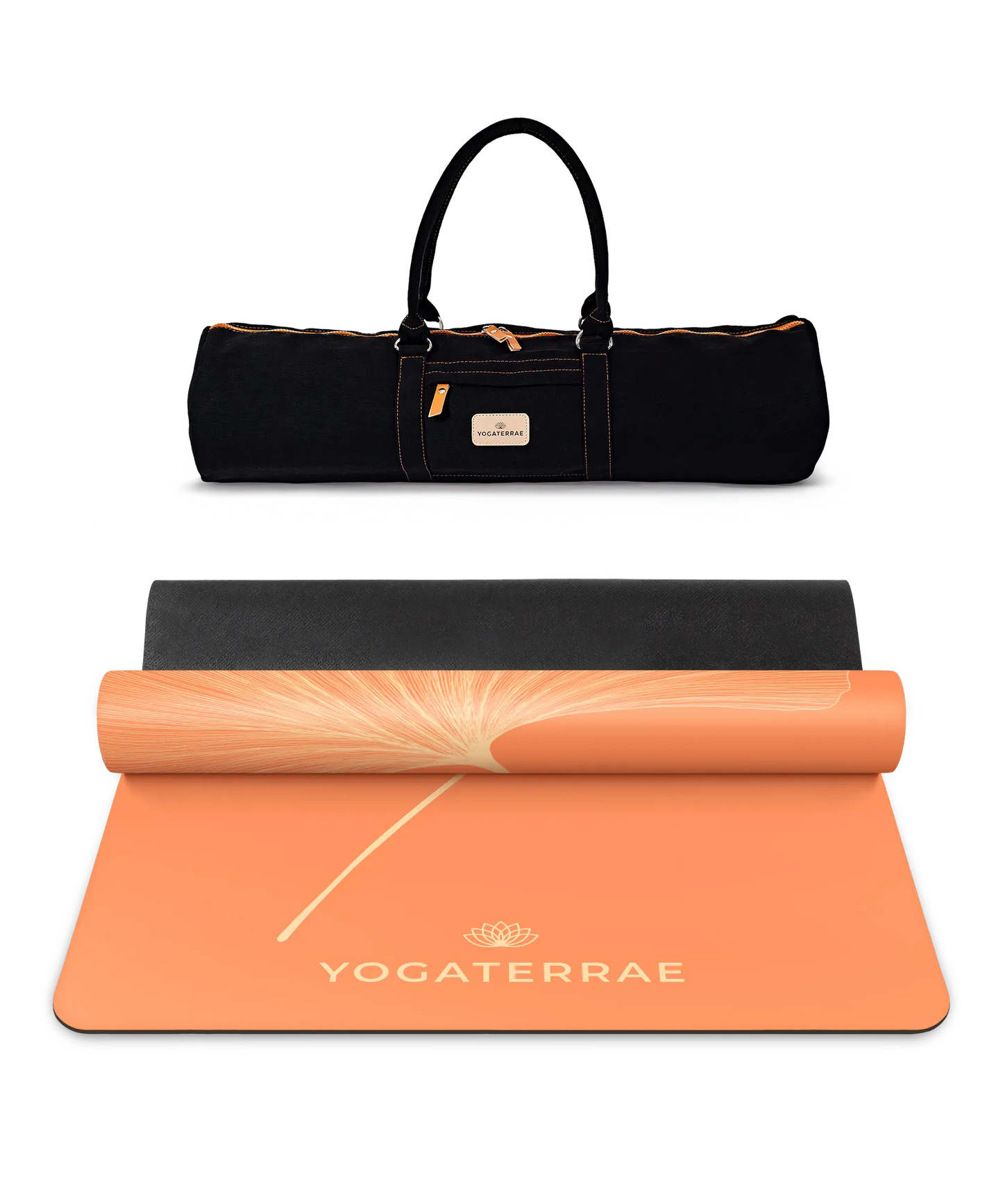 Pack de yoga complet incluant le tapis PU Sunset (impression Light) et son sac de transport noir premium Yogaterrae