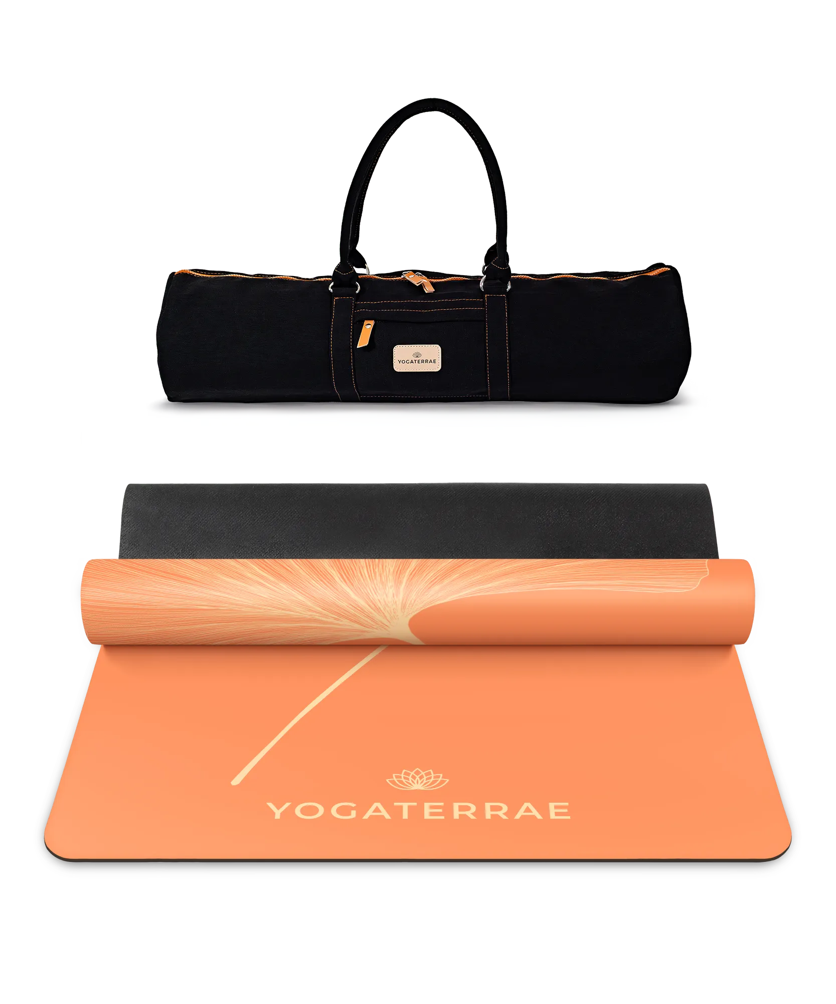 Pack de yoga complet incluant le tapis PU Sunset (impression Light) et son sac de transport noir premium Yogaterrae