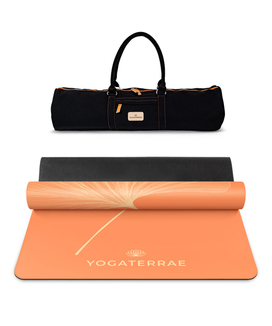 Pack de yoga complet incluant le tapis PU Sunset (impression Light) et son sac de transport noir premium Yogaterrae