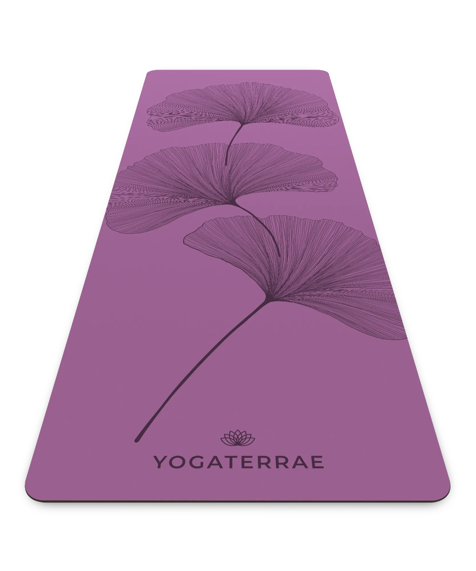 Tapis de yoga antidérapant Yogaterrae en PU et caoutchouc naturel, coloris Violet Vintage avec motifs Ginkgo Biloba en impression sombre