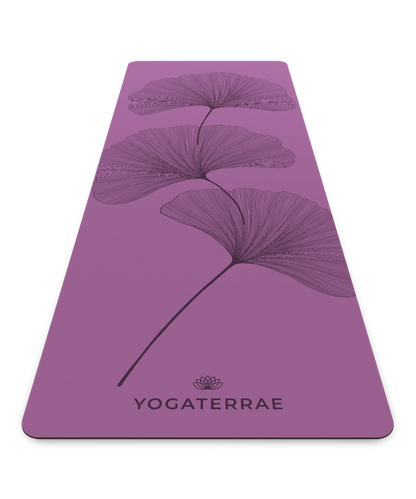 Tapis de yoga antidérapant Yogaterrae en PU et caoutchouc naturel, coloris Violet Vintage avec motifs Ginkgo Biloba en impression sombre