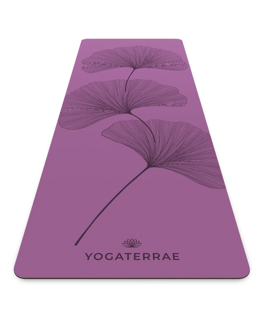 Tapis de yoga antidérapant Yogaterrae en PU et caoutchouc naturel, coloris Violet Vintage avec motifs Ginkgo Biloba en impression sombre