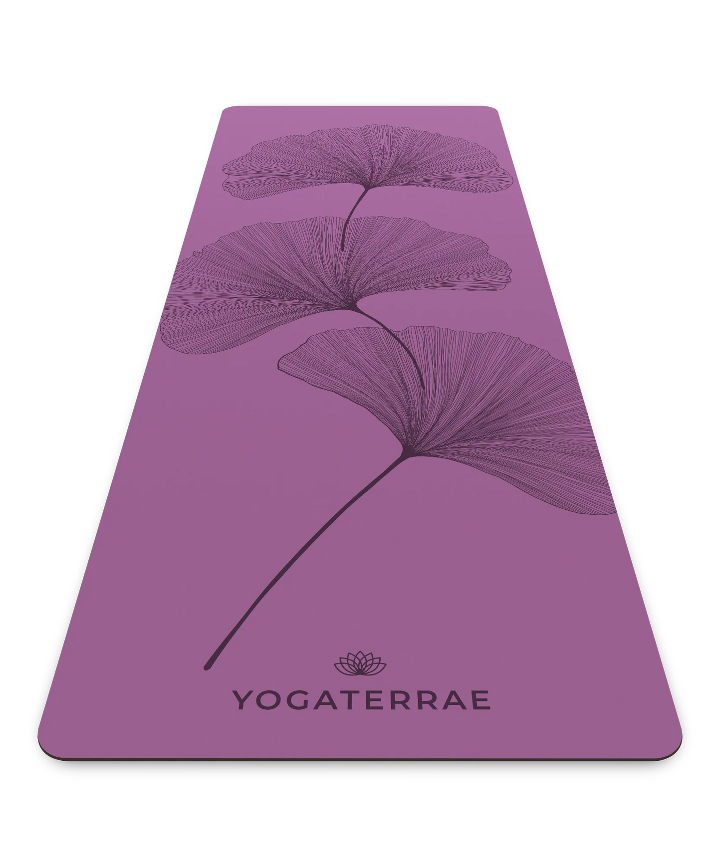 Tapis de yoga antidérapant Yogaterrae en PU et caoutchouc naturel, coloris Violet Vintage avec motifs Ginkgo Biloba en impression sombre