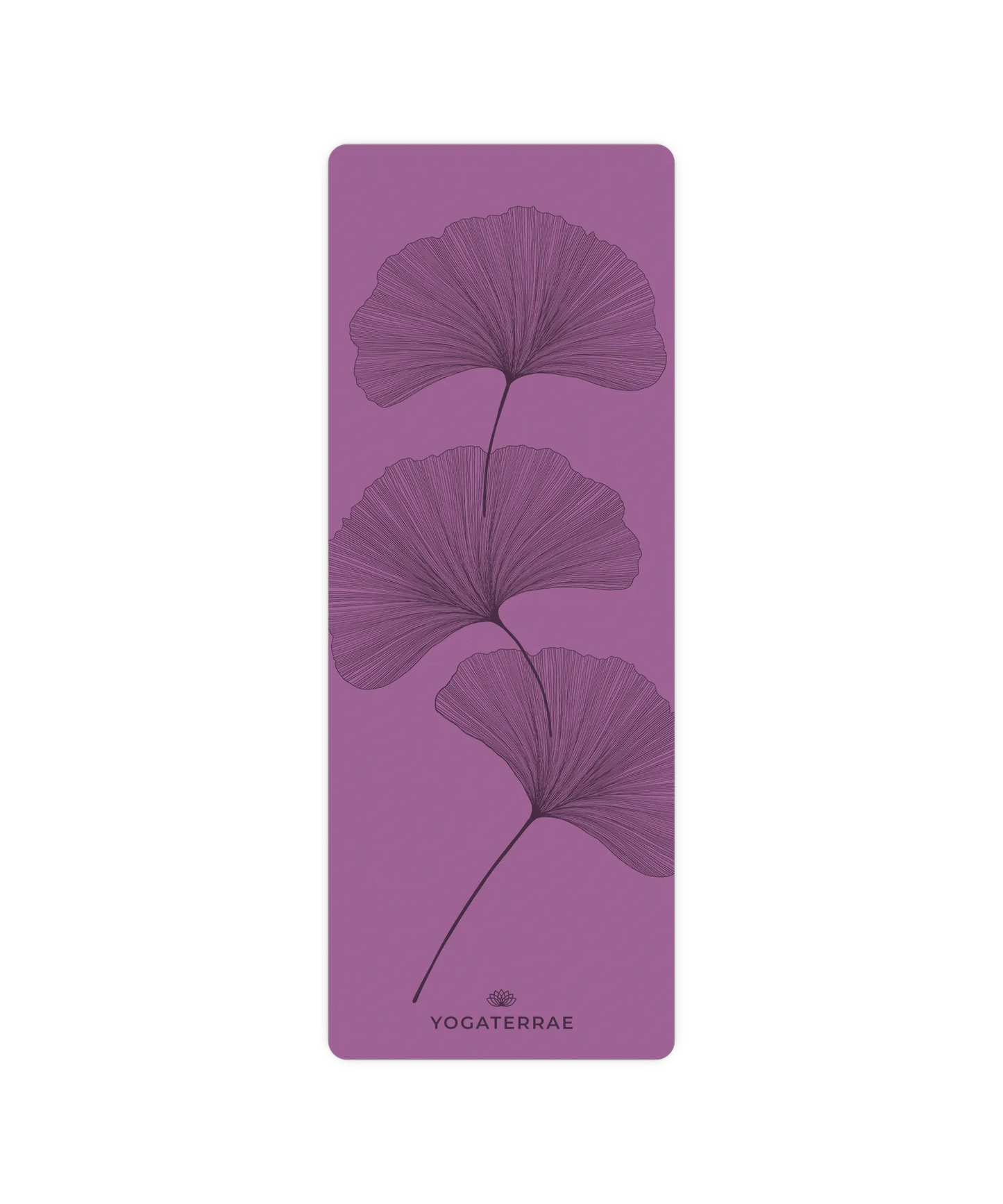 Design YinYang artistique avec feuilles de Ginkgo contrastées sur tapis de yoga Violet Vintage Yogaterrae, surface technique en polyuréthane