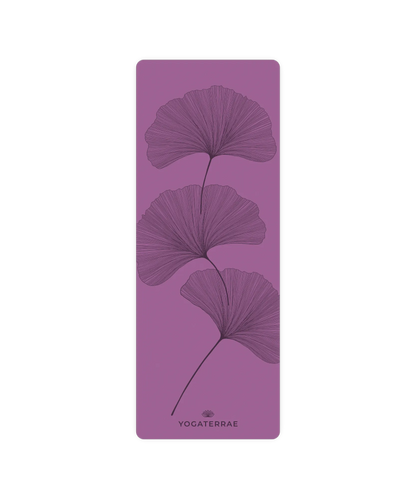 Design YinYang artistique avec feuilles de Ginkgo contrastées sur tapis de yoga Violet Vintage Yogaterrae, surface technique en polyuréthane