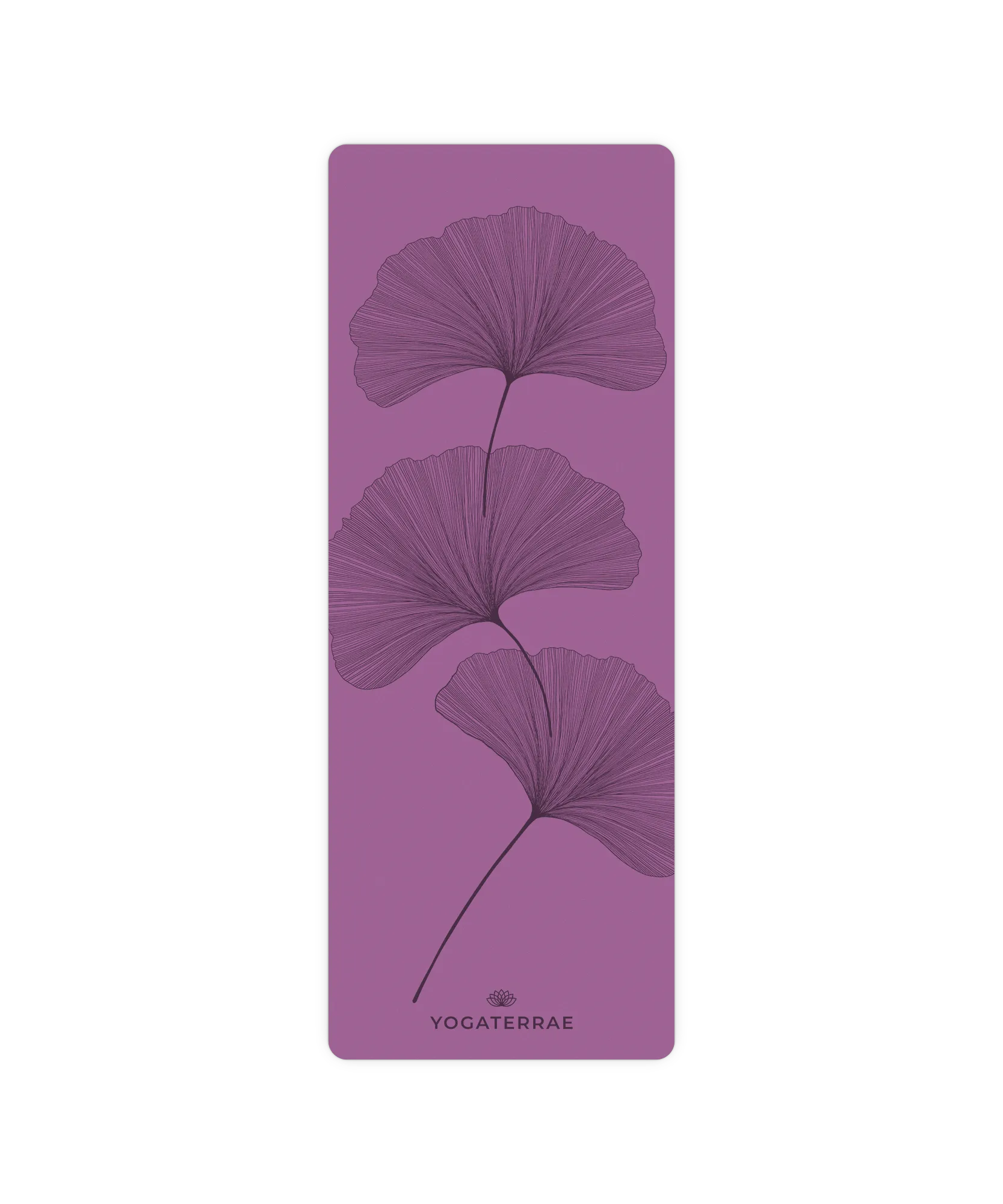 Design YinYang artistique avec feuilles de Ginkgo contrastées sur tapis de yoga Violet Vintage Yogaterrae, surface technique en polyuréthane