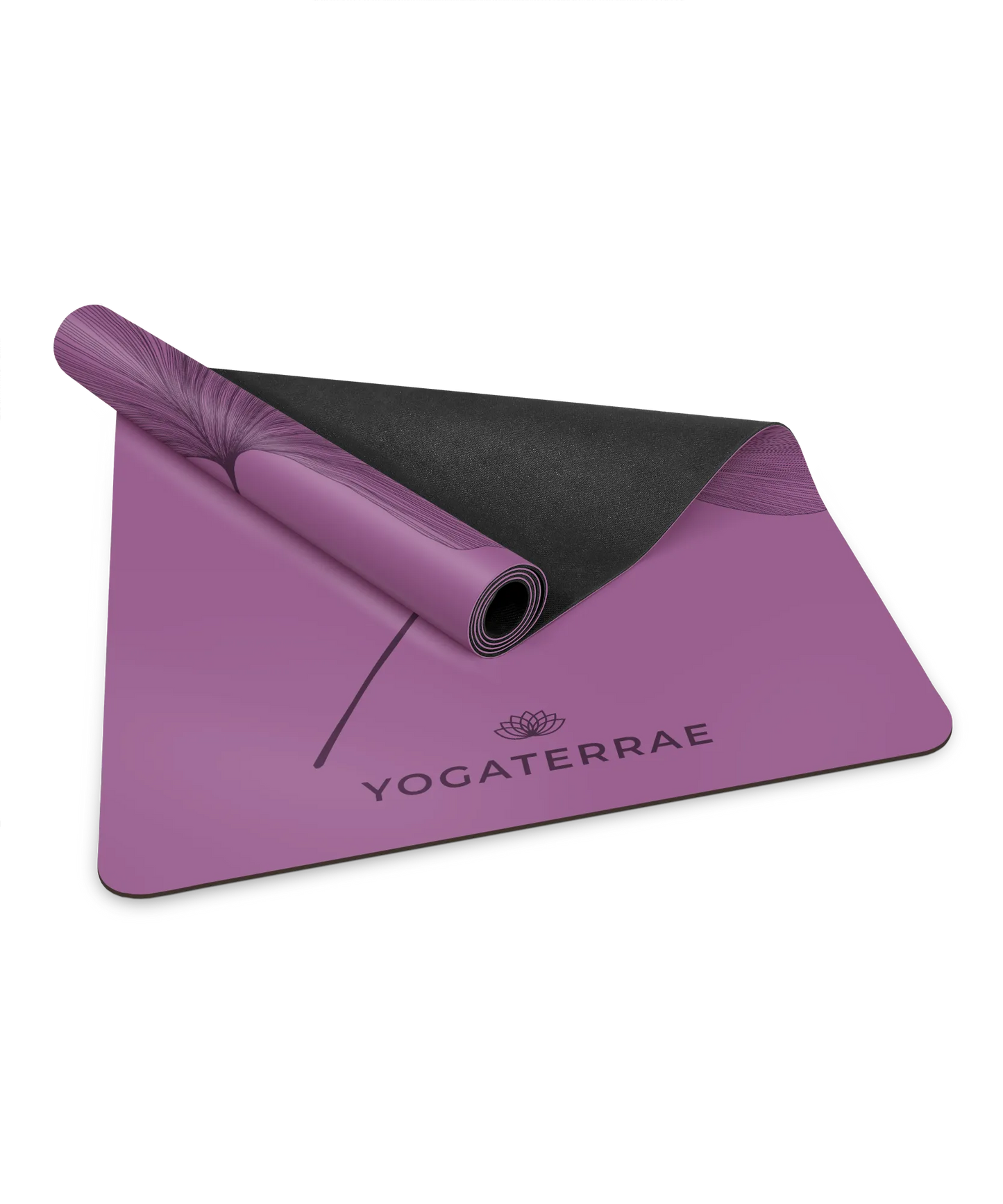 Zoom sur la bi-matière premium : revêtement PU Violet Vintage et base haute densité en caoutchouc naturel noir d'un tapis Yogaterrae