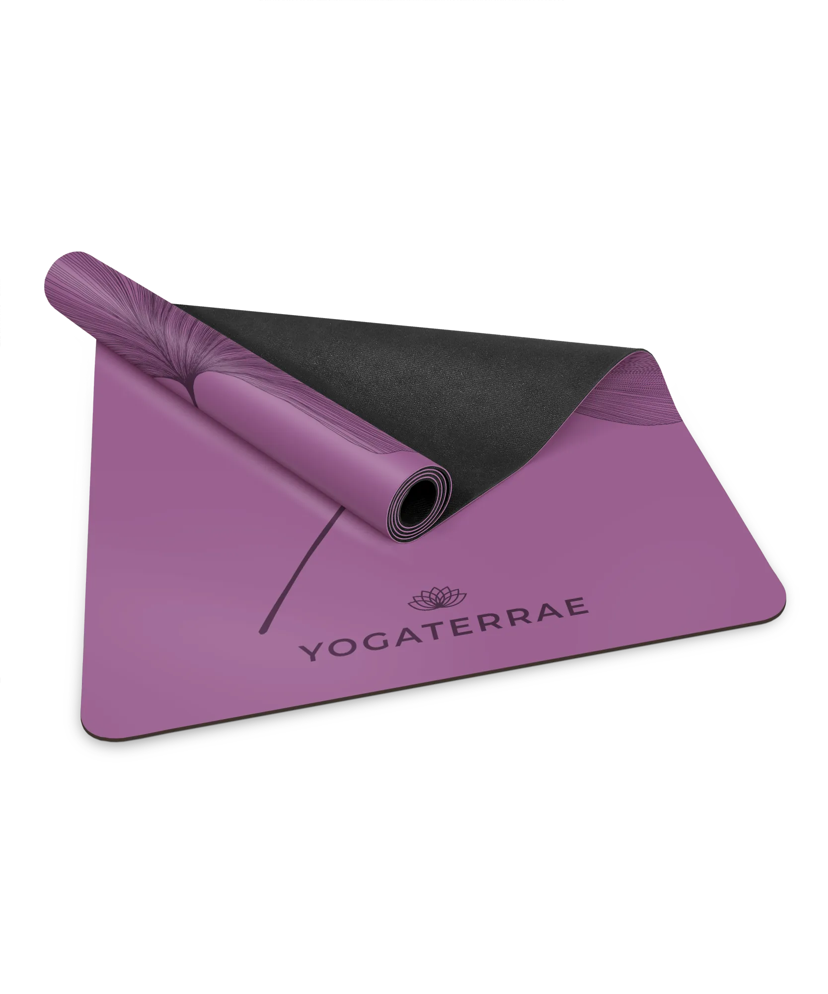 Zoom sur la bi-matière premium : revêtement PU Violet Vintage et base haute densité en caoutchouc naturel noir d'un tapis Yogaterrae