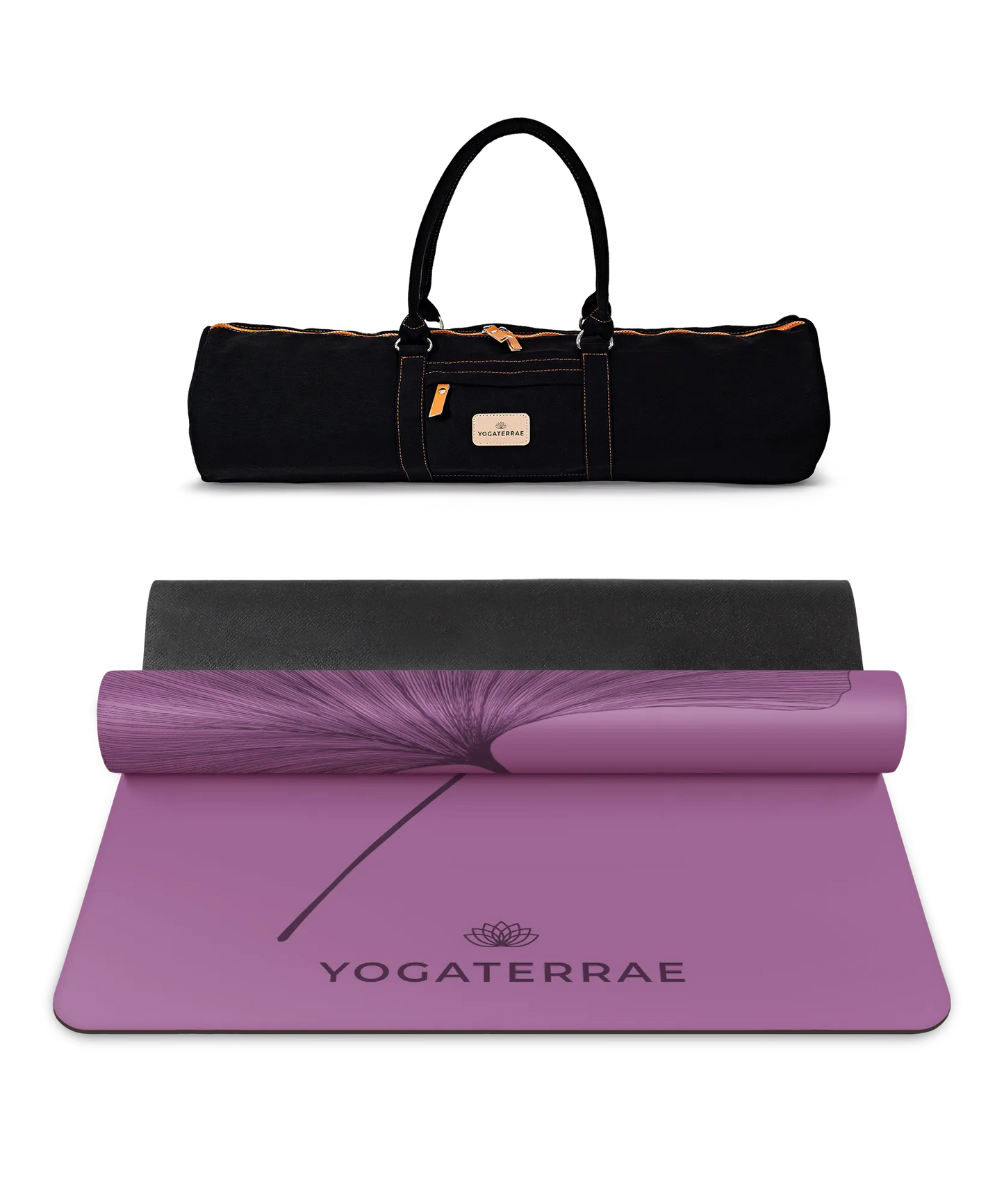 Pack yoga haute performance incluant le tapis PU Violet Vintage (impression Dark) et son sac de transport noir Yogaterrae