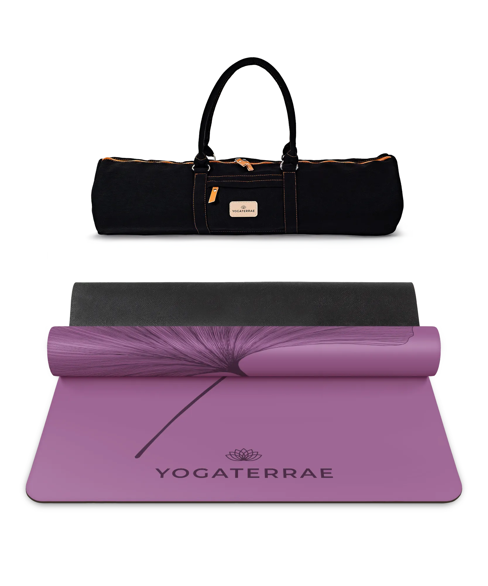 Pack yoga haute performance incluant le tapis PU Violet Vintage (impression Dark) et son sac de transport noir Yogaterrae