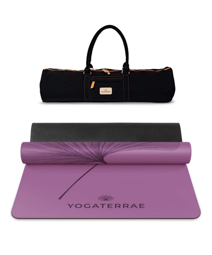 Pack yoga haute performance incluant le tapis PU Violet Vintage (impression Dark) et son sac de transport noir Yogaterrae