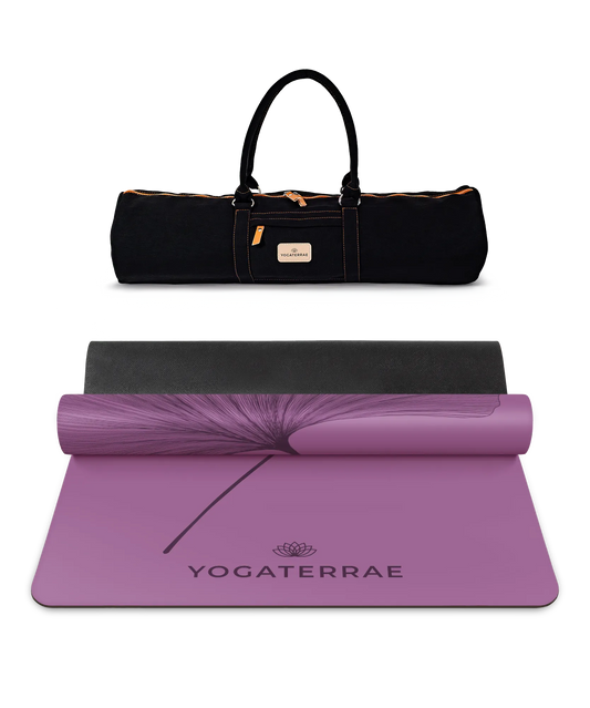 Pack yoga haute performance incluant le tapis PU Violet Vintage (impression Dark) et son sac de transport noir Yogaterrae