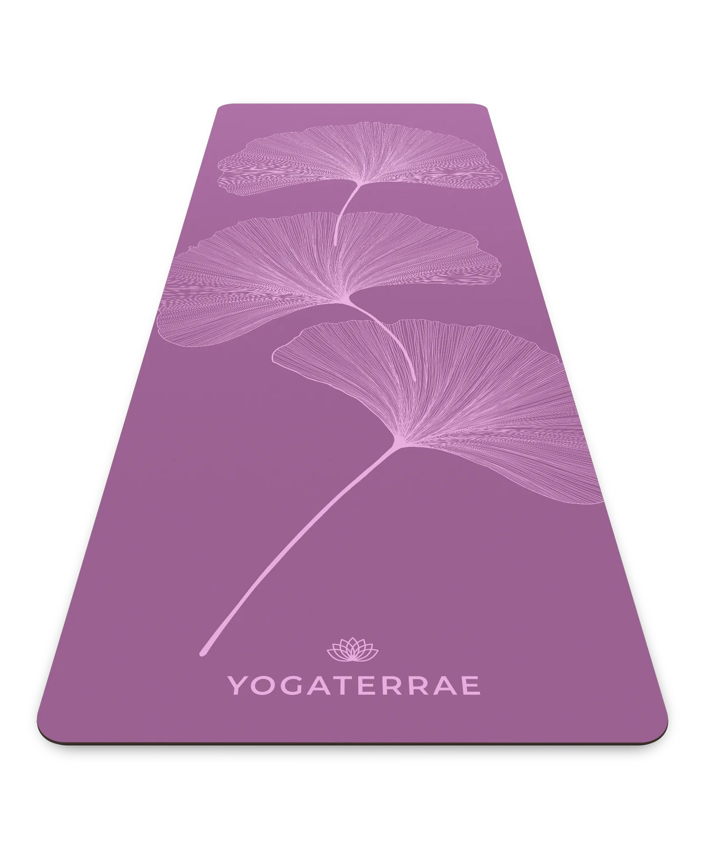 Tapis de yoga technique Yogaterrae en PU et caoutchouc naturel, coloris Violet Vintage avec motifs Ginkgo Biloba en impression claire