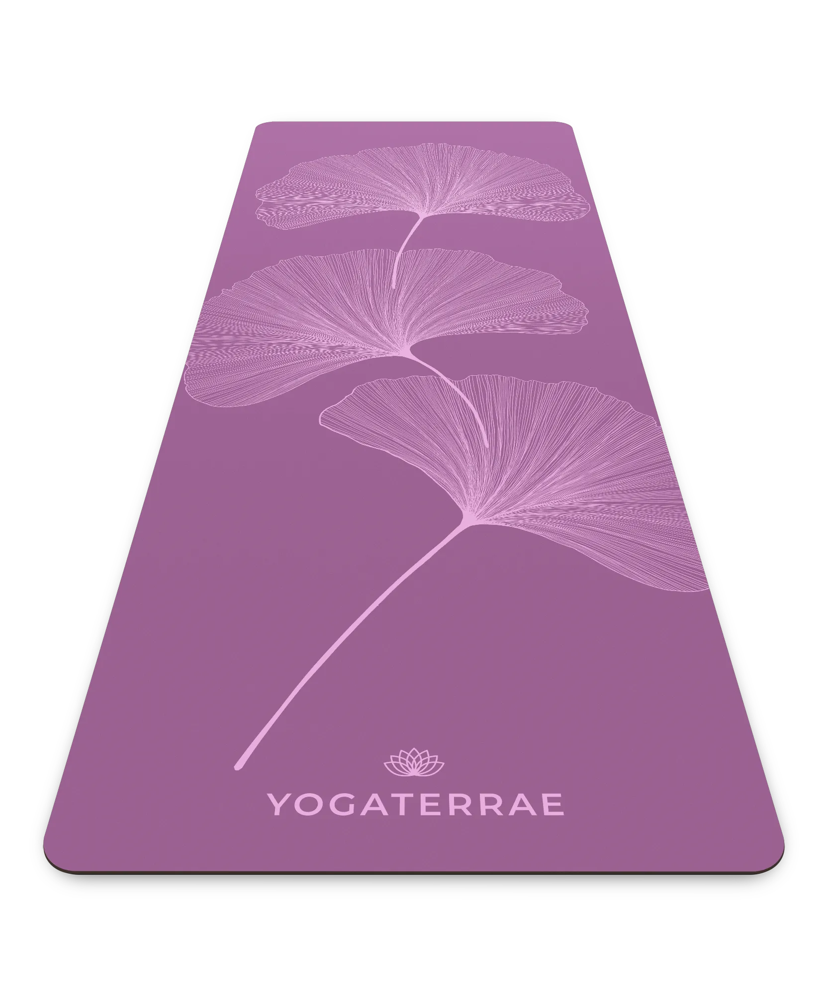 Tapis de yoga technique Yogaterrae en PU et caoutchouc naturel, coloris Violet Vintage avec motifs Ginkgo Biloba en impression claire