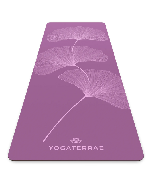 Tapis de yoga technique Yogaterrae en PU et caoutchouc naturel, coloris Violet Vintage avec motifs Ginkgo Biloba en impression claire