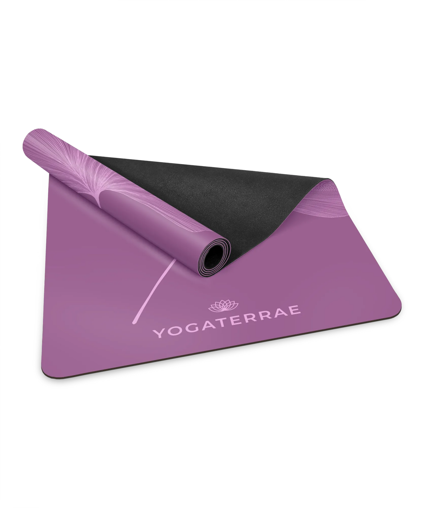 Détail du revêtement PU Violet Vintage et de la base amortissante en caoutchouc naturel noir d'un tapis de yoga Yogaterrae