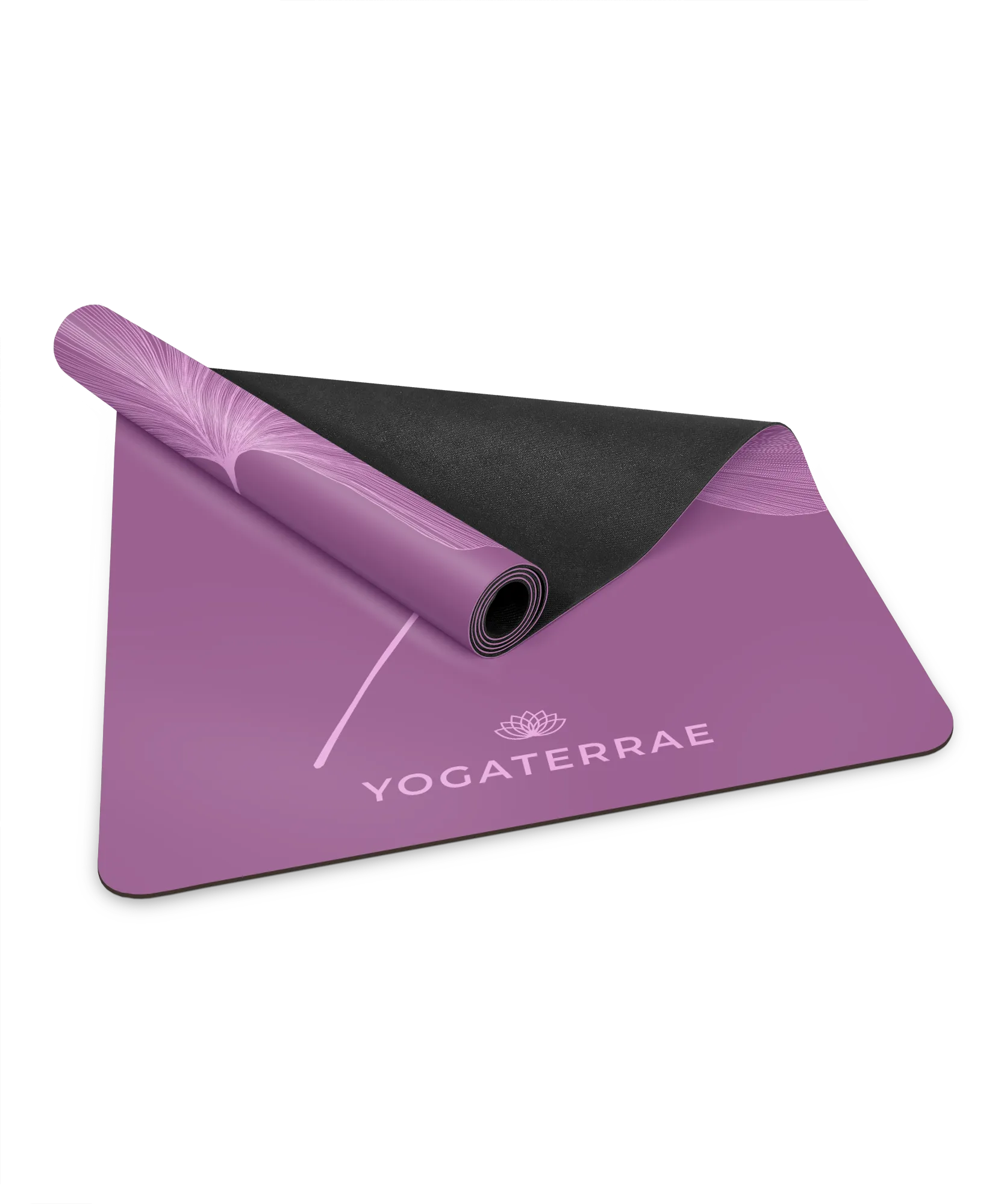 Détail du revêtement PU Violet Vintage et de la base amortissante en caoutchouc naturel noir d'un tapis de yoga Yogaterrae