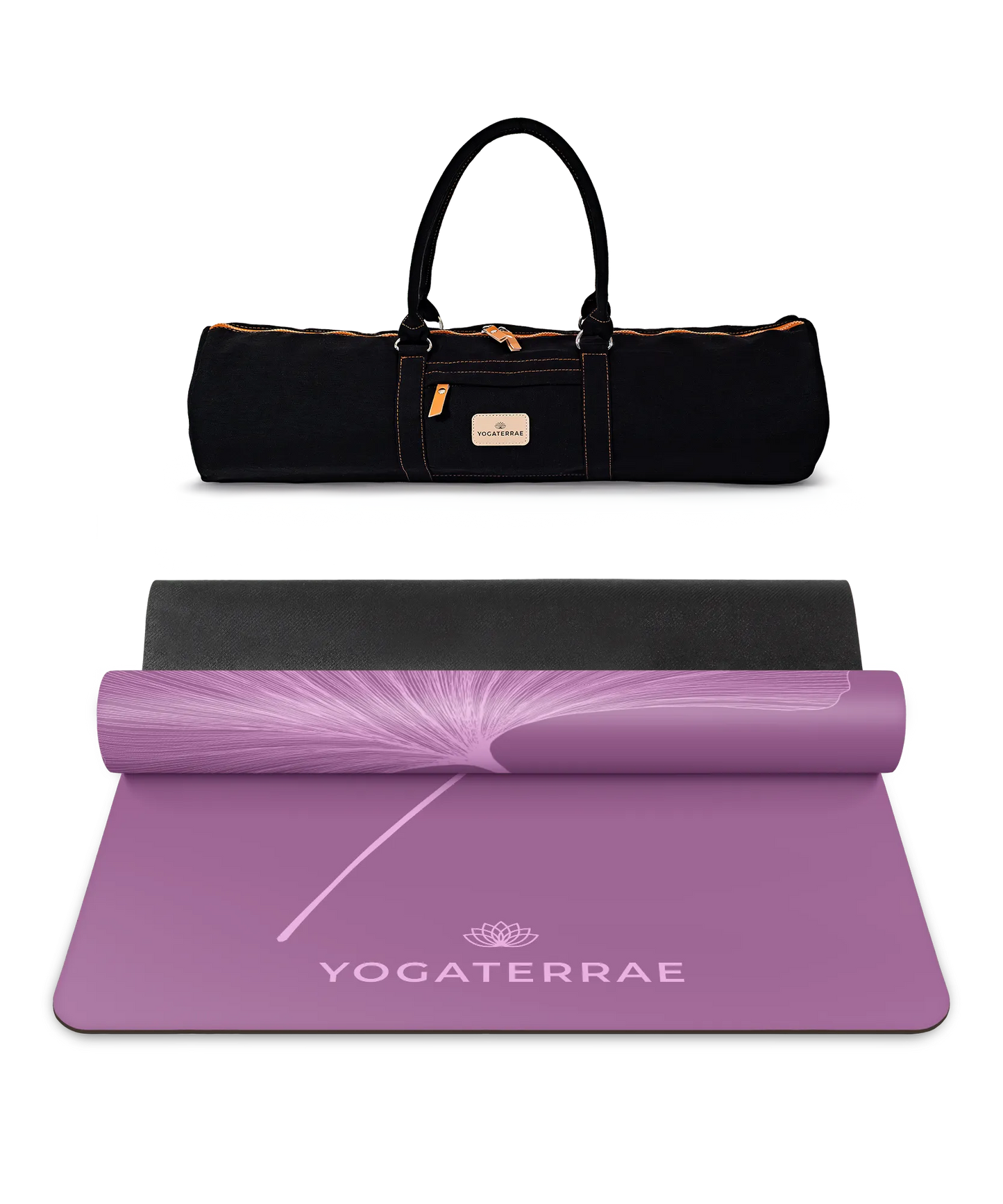 Pack yoga complet incluant le tapis PU Violet Vintage (impression Light) et son sac de transport noir Yogaterrae