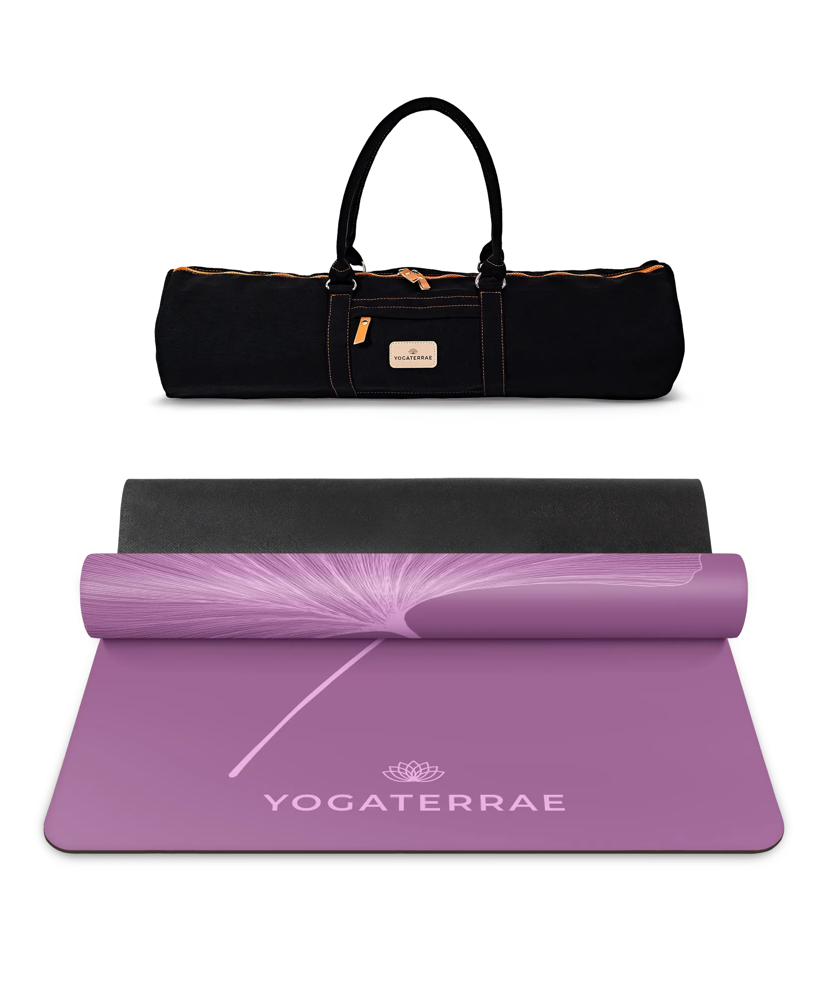 Pack yoga complet incluant le tapis PU Violet Vintage (impression Light) et son sac de transport noir Yogaterrae