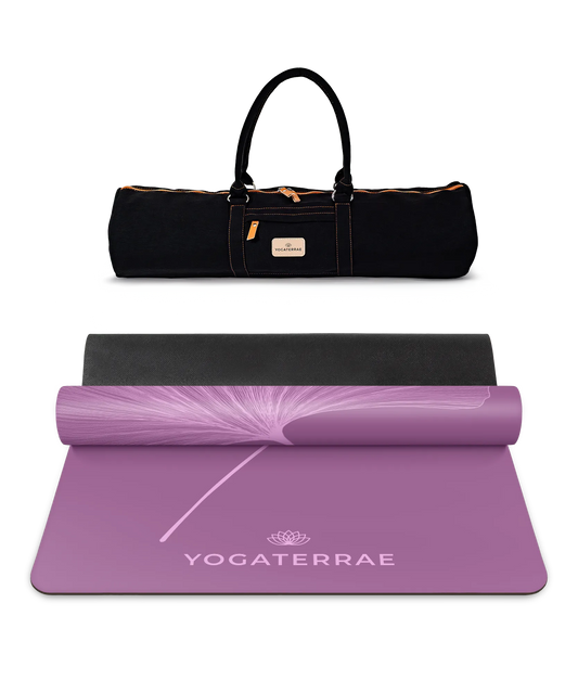 Pack yoga complet incluant le tapis PU Violet Vintage (impression Light) et son sac de transport noir Yogaterrae