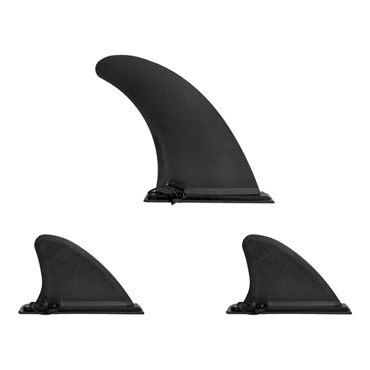 "Trois ailerons noirs amovibles pour planche de SUP Yogaterrae conçus pour la stabilité et la manœuvrabilité"