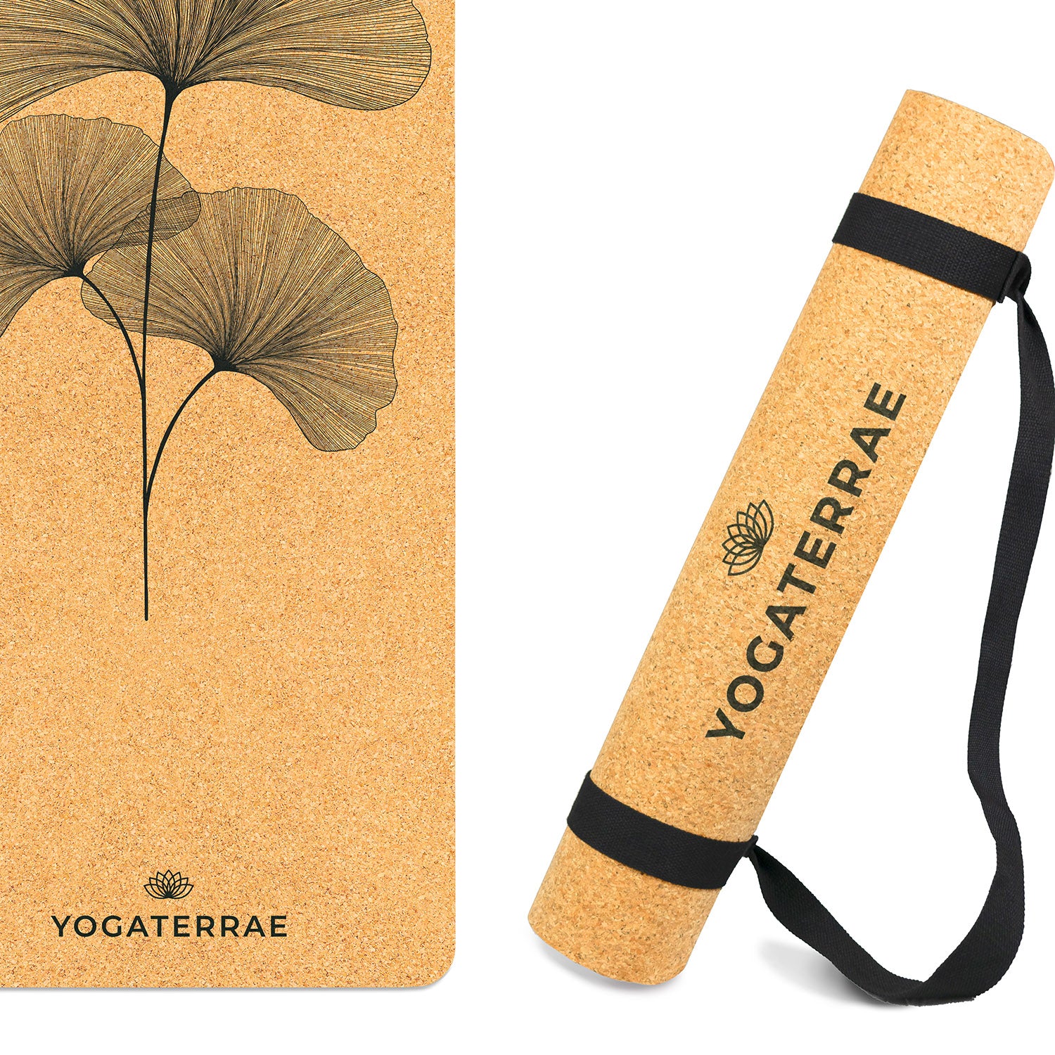 Tapis de yoga liège et caoutchouc naturels antidérapant écologique Ginkgos Bouquet + sangle d'étirements et de transport YOGATERRAE marque française